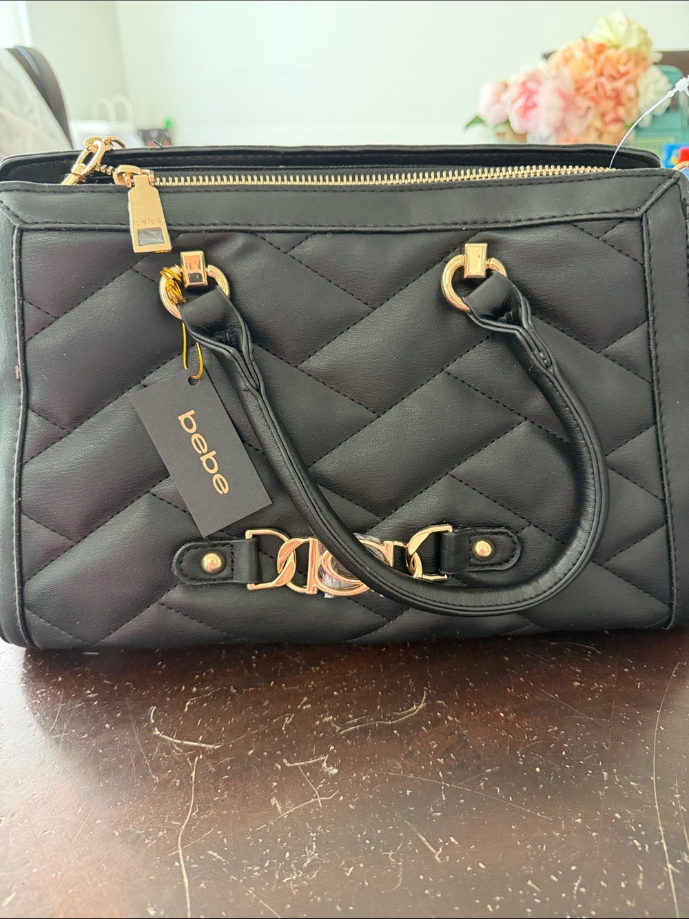 bebe Quilted Black Satchel with Gold-Tone Accents